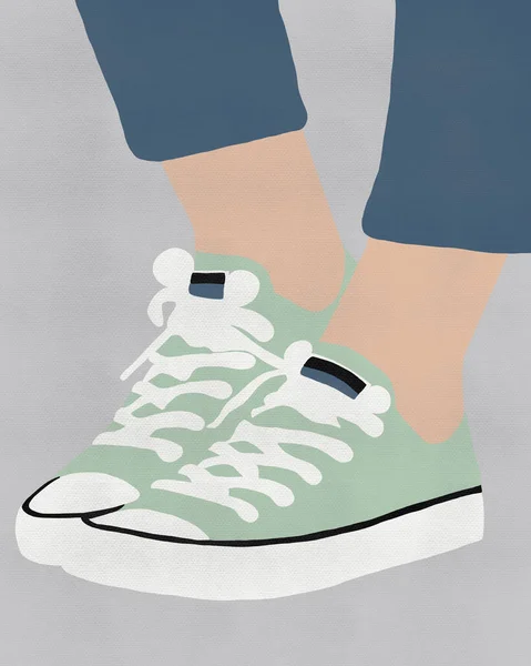 在灰色的背景上 白色的运动鞋上有柔软的乳胶质感 腿突出的图例 鞋类插图 — 图库照片