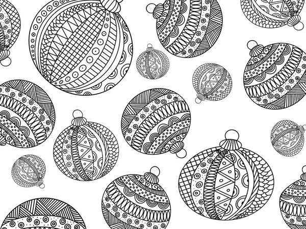 Coloring page in the form of many Christmas tree balls. Antistress coloring zentangle for children and adults. Application in printed materials. New Year and Christmas coloring book.