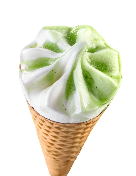 Мороженое Киви Вафельном Конусе Крупным Планом Белом Фоне Сверху — стоковое фото