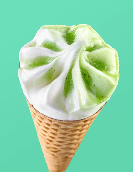 Kiwi Ice Cream Waffle Cone Close Isolated Aquamarine Background View — Stock Photo, Image