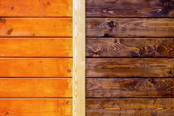 Dos Tipos Procesamiento Pared Madera Pintado Naranja Tratado Con Una — Foto de Stock