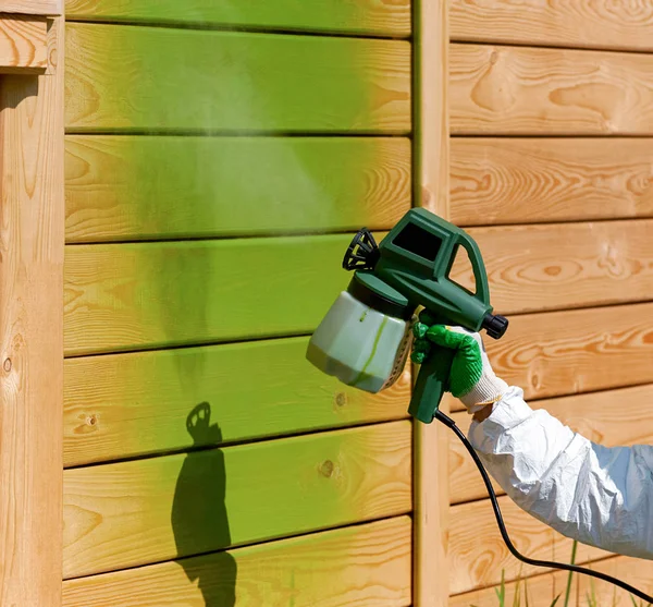 Painting Wooden Wall Green Airbrush Process Open Air — Stock Photo, Image