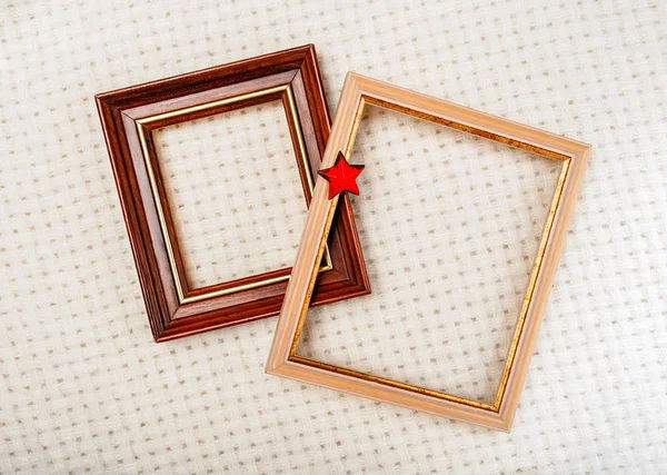 Picture Frames Gilding Red Star Close White Woolen Plaid Background — Stock Photo, Image