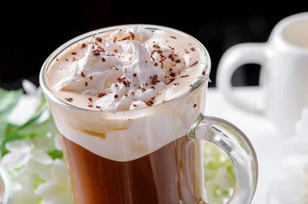 Glass Viennese Coffee Topped Whipped Cream Chocolate Chips Close Half — Stock Photo, Image