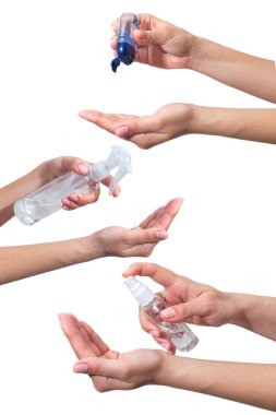 El dezenfeksiyonu. Kadının eline alkol dezenfektanı sıkar. Virüs salgınını önlemek için. Beyaz bir arka planda izole edilmiş. Grip Önleme Düzgünce temiz ve dezenfekte edilmiş eller.