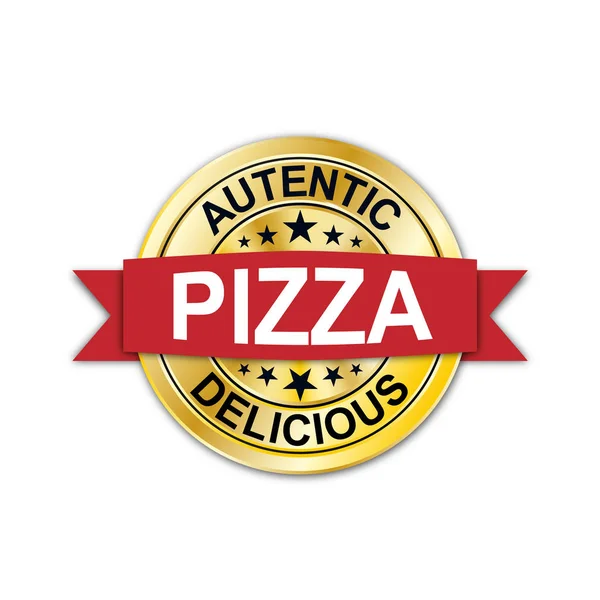 Autentic delicious pizza gold round medal web seal — Stock Vector