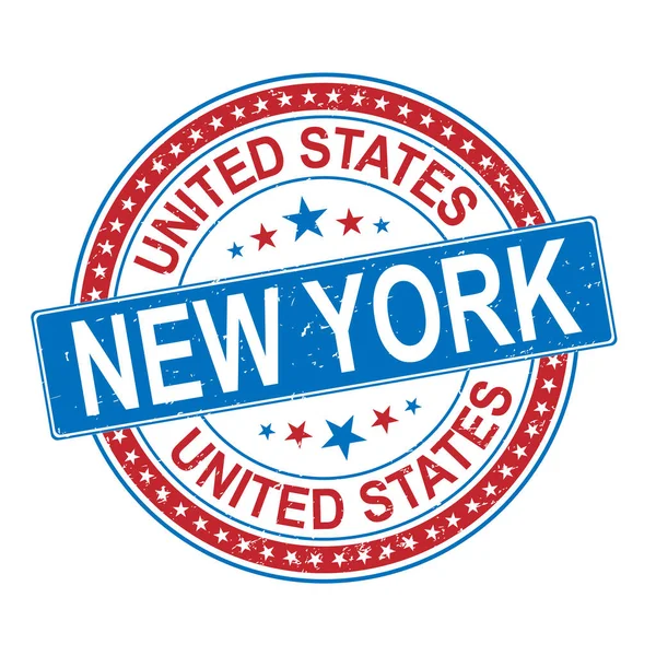 Stati Uniti New York rotondo rosso grungy timbro di gomma isolato su bianco — Vettoriale Stock