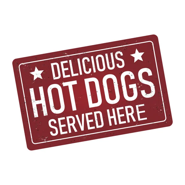Köstliche Hot Dogs serviert hier rostige Metallschild Web-Abzeichen — Stockvektor