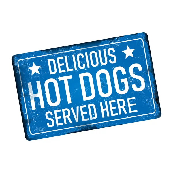 Deliziosi hot dog serviti qui arrugginito segno distintivo web in metallo — Vettoriale Stock