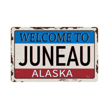 Beyaz arka plan üzerinde Luneau Alaska vintage paslı metal işareti, vektör illüstrasyon