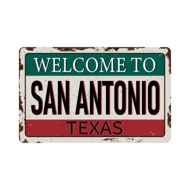 Hoşgeldiniz San Antonio Texas vintage paslı metal işareti beyaz bir arka plan, vektör illüstrasyon üzerinde