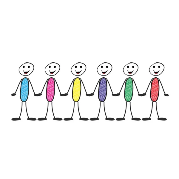 Rows of diverse stick figure symbol people and couples hold hands — Stock Vector