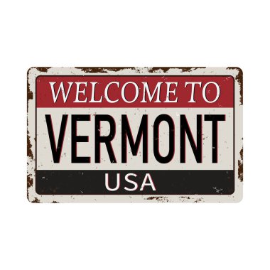 Beyaz arkaplandaki Vermont klasik paslı metal tabelasına hoş geldiniz.