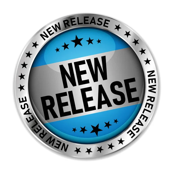 Blauwe nieuwe release ronde badge met chroom rand op witte achtergrond — Stockvector
