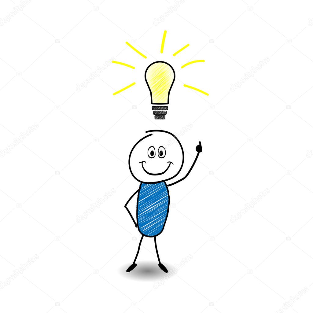 Stick figure having a creative idea with a light bulb over his head. Vector illustration