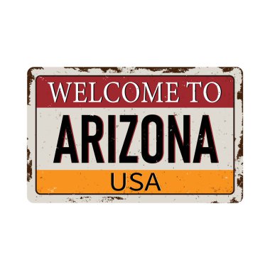 Beyaz arkaplandaki Arizona klasik paslı metal tabelasına hoş geldiniz.