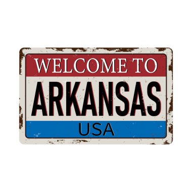 Arkansas 'a hoş geldiniz. Beyaz arka planda paslı metal tabelası, vektör illüstrasyonu.