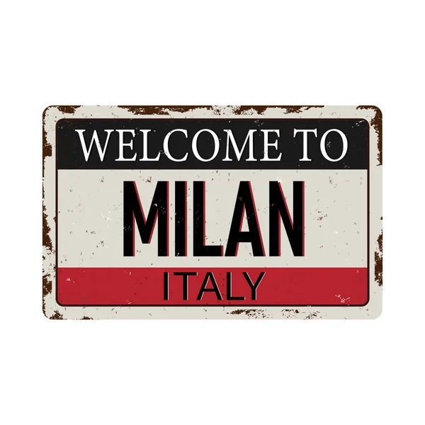 Welcome to Milan Italy Antiques vintage rusty metal sign on a white background vector illustration — Stock Vector