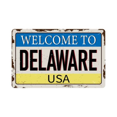 Beyaz arka plandaki Delaware klasik paslı metal tabelasına hoş geldiniz.