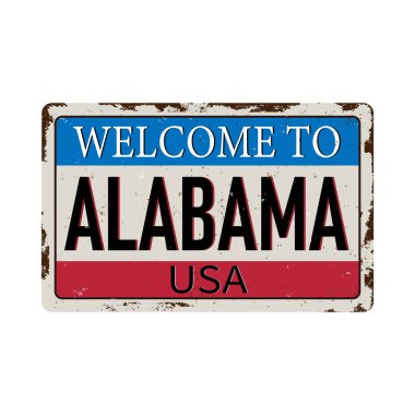 Beyaz arkaplandaki Alabama klasik paslı metal tabelasına hoş geldiniz.