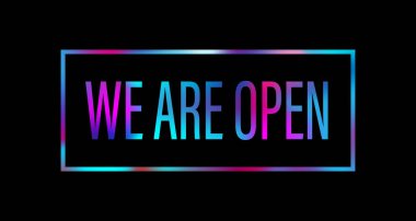 we are open Colorful Paper Title Text Icon on black background clipart