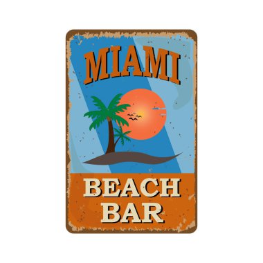 Beyaz bir arka plan, vektör illüstrasyon miami plaj bar vintage paslı metal işareti