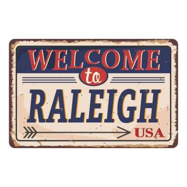 Hoşgeldiniz Raleirh North Carolina vintage paslı metal işareti beyaz bir arka plan, vektör illüstrasyon üzerinde