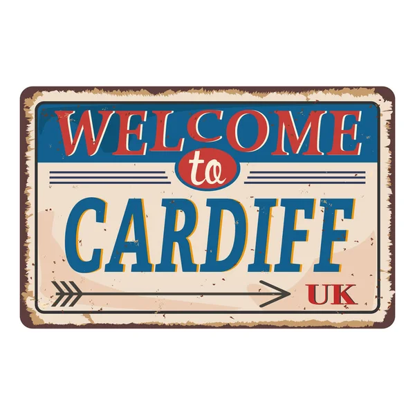 Ciudades del Reino Unido retro bienvenido a Cardiff Vintage signo. Tema de destinos de viaje sobre fondo oxidado viejo . — Vector de stock