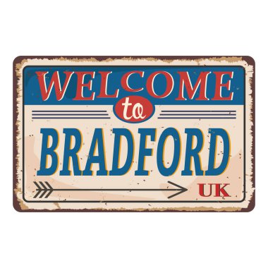 İngiltere şehirleri retro Bradford Vintage işareti hoş geldiniz. Eski paslı arka planda seyahat destinasyonları teması.