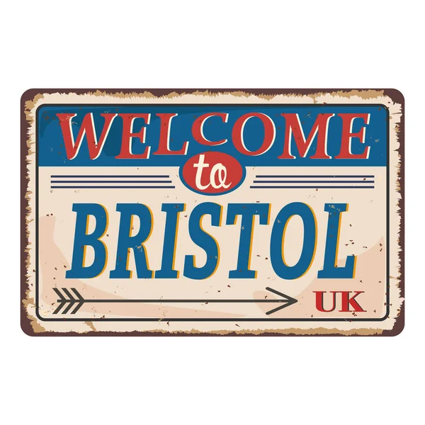 Ciudades del Reino Unido retro Bienvenido a Bristol Vintage signo. Tema de destinos de viaje sobre fondo oxidado viejo . — Vector de stock