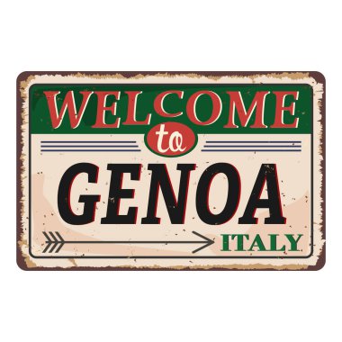 Hoşgeldiniz Cenova İtalya vintage paslı metal işareti beyaz bir arka plan, vektör illüstrasyon üzerinde