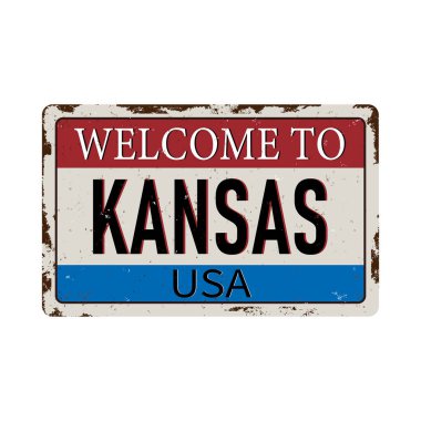 Beyaz arka plandaki Kansas klasik paslı metal tabelasına hoş geldiniz.