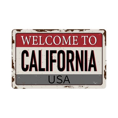 Beyaz arkaplandaki Kaliforniya klasik paslı metal tabelasına hoş geldiniz.