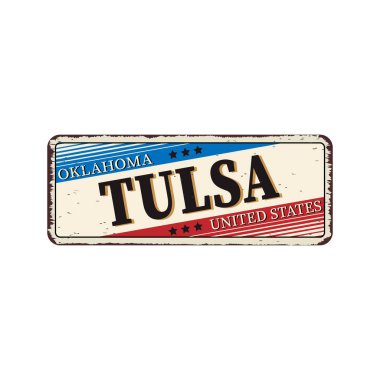 Hoşgeldiniz Tusla Oklahoma vintage paslı metal işareti beyaz bir arka plan, vektör illüstrasyon üzerinde