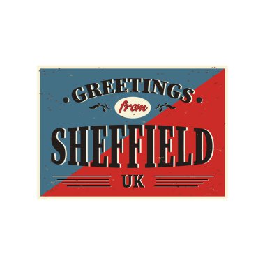 Sheffield Vintage işareti İngiltere şehirlerretro selamlar. Eski paslı arka planda seyahat destinasyonları teması.
