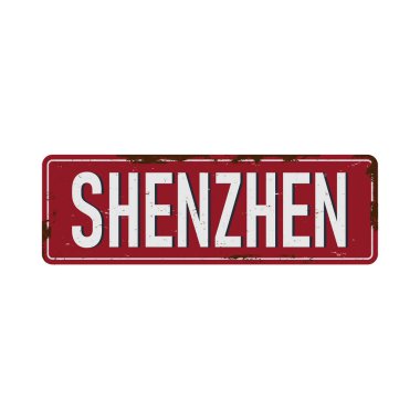 Beyaz arka plan üzerinde Shenzhen şehir Çin paslı eski vintage emaye işareti