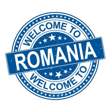 Romanya'ya hoş geldiniz tabelası veya beyaz arka plan üzerine damga, vektör illüstrasyon