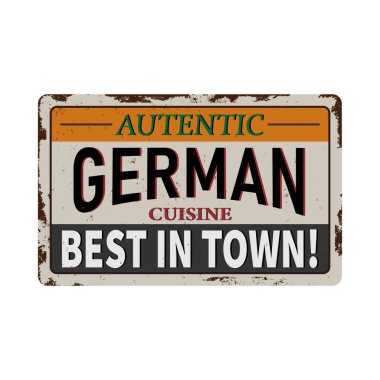Şehrin en iyi Alman Mutfağı beyaz arka planda paslı metal tabelalı Vector Illustration