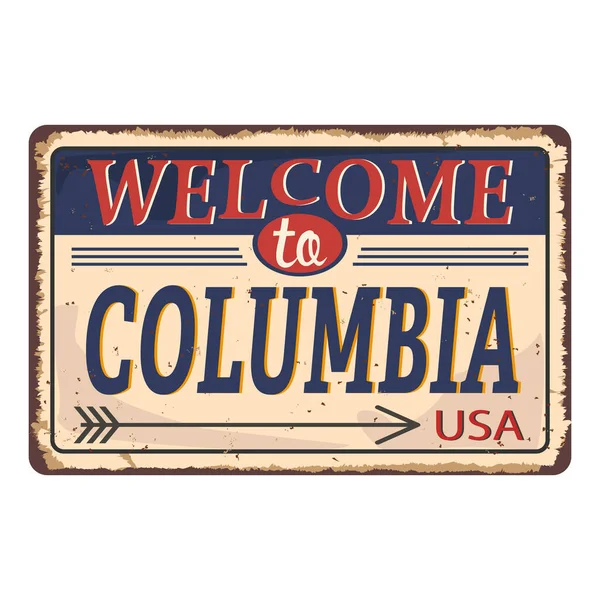 Bienvenido a Columbia insignia de turismo o etiqueta engomada. Aislado sobre blanco. Producto de venta al por menor vacacional para impresión o web . — Archivo Imágenes Vectoriales
