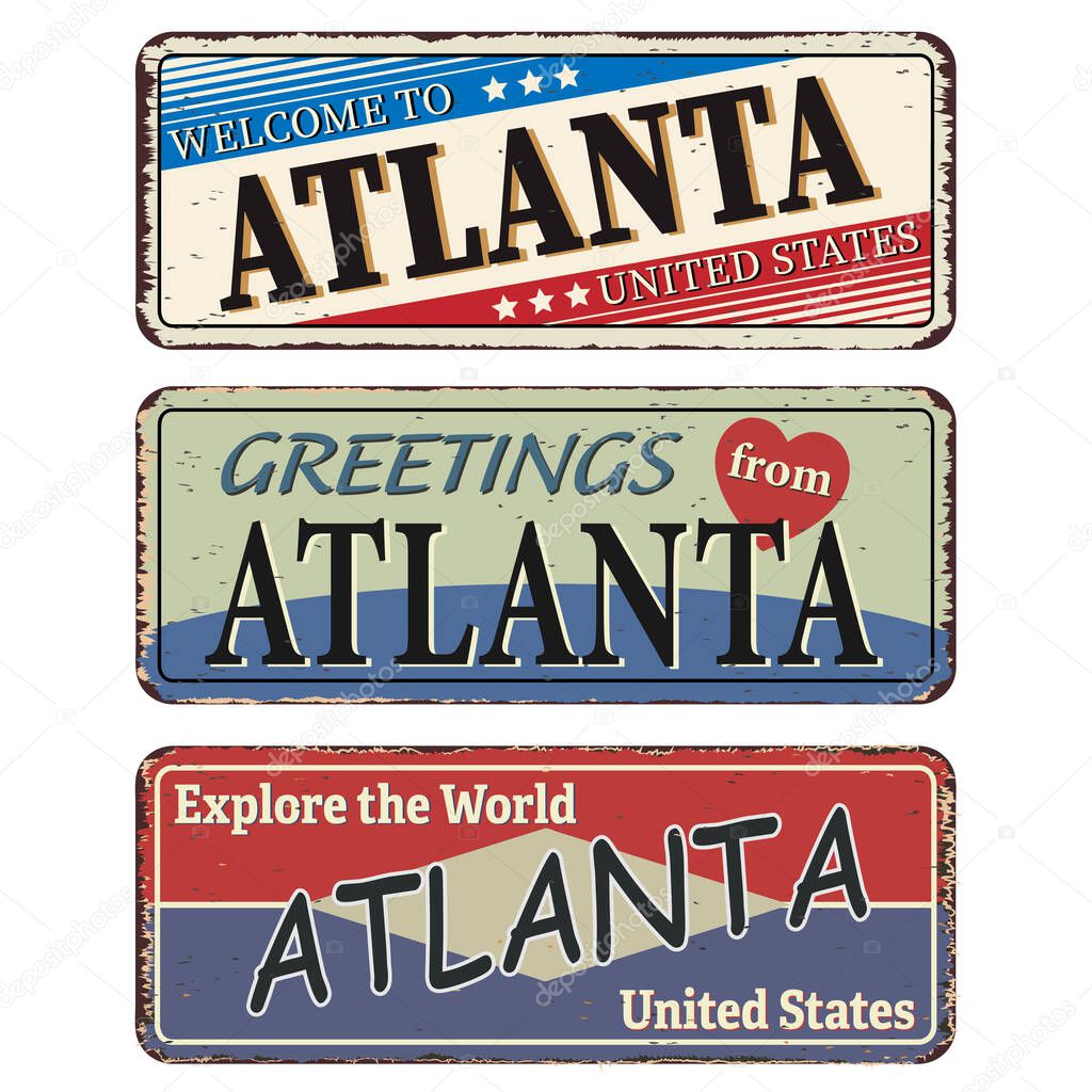 Vintage tin sign. Atlanta. Retro souvenirs or old postcard templates on rust background.