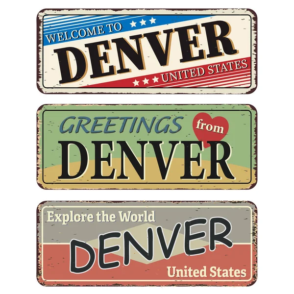 Vintage tinnen bord. Denver. Retro souvenirs of oude ansichtkaart sjablonen op roest achtergrond. — Stockvector