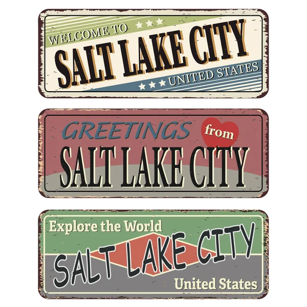 Vintage tinnen bord gezet in Salt Lake City. Retro souvenirs of oude ansichtkaart sjablonen op roest achtergrond. — Stockvector