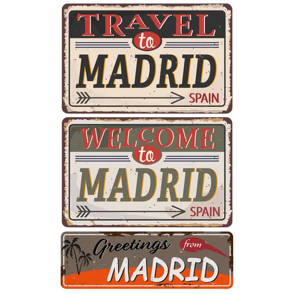 Tarjeta de felicitación Bienvenido desde Madrid España, para imprimir o web, recuerdo de aspecto auténtico . — Vector de stock