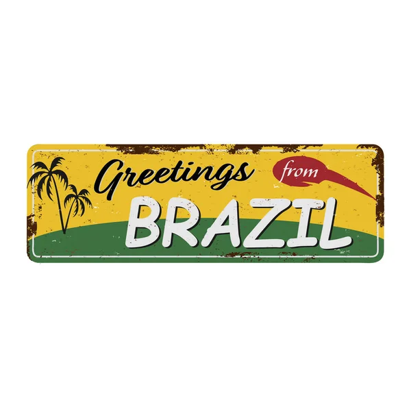 Greetings from Brazil Vintage tin sign with Retro souvenirs or postcard templates on rust background. Vintage old paper — Stock Vector