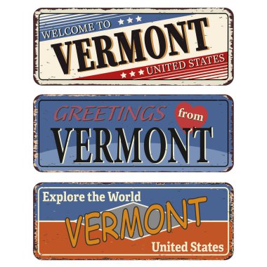 Bizimle birlikte antika teneke tabela koleksiyonu. Vermont Eyaleti. Geçmişe dönük hatıralar ya da paslı arka planda eski kart şablonları