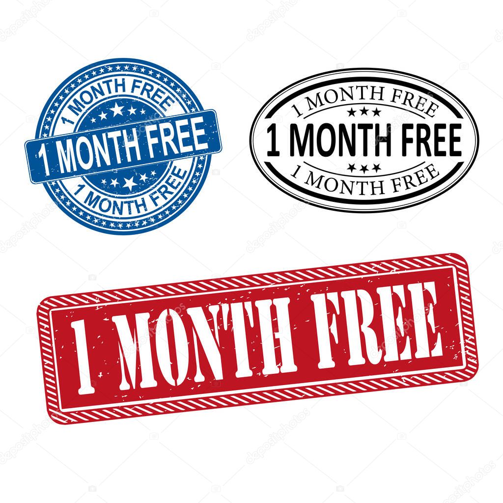 1 MONTH FREE seal imprint with corroded texture. Rubber seal imitation has circle medallion form and contains ribbon. Red vector rubber print of 1 MONTH FREE title with corroded texture.