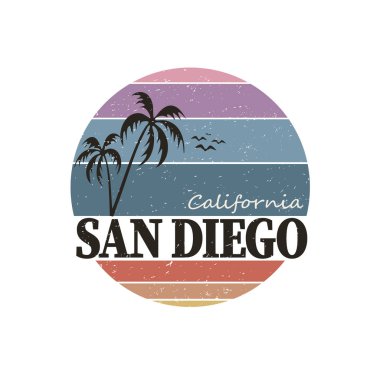 Kaliforniya San Diego stil palmiyeli tişört izi. Tişört tasarımı, grafikler, pul, etiket, tipografi.