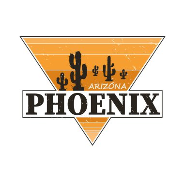 Phoenix Arizona tişört tasarımı, baskı, tipografi, saguaro kaktüslü etiket. Vektör illüstrasyonu.