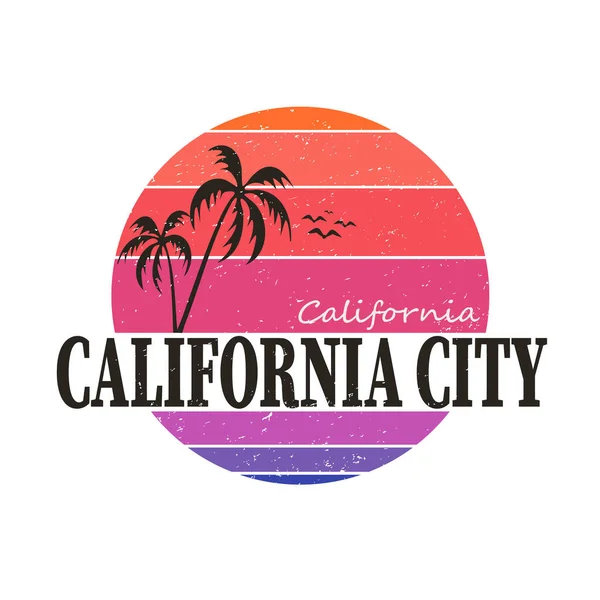 Estampado de camiseta de California City con palmera de estilo. Diseño de camisetas, gráficos, sello, etiqueta, tipografía . — Vector de stock