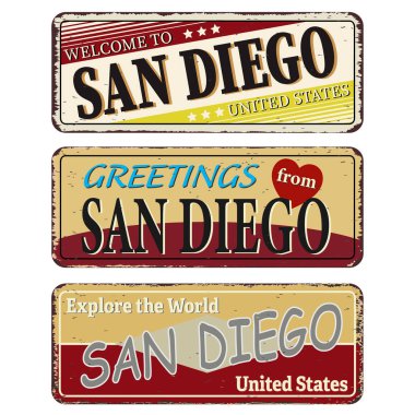 San Diego Vintage, Usa adında bir tabela koleksiyonu. Eski metal arka planda hatıra işareti ya da kartpostal şablonları. Seyahat teması.